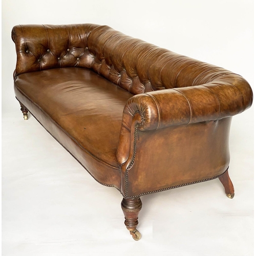 181 - CHESTERFIELD SOFA, Victorian mahogany with faded tan brown brass studded leather with button back an... 