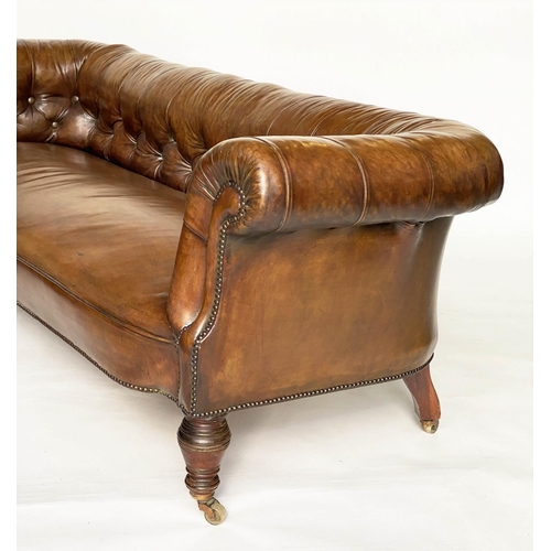 181 - CHESTERFIELD SOFA, Victorian mahogany with faded tan brown brass studded leather with button back an... 