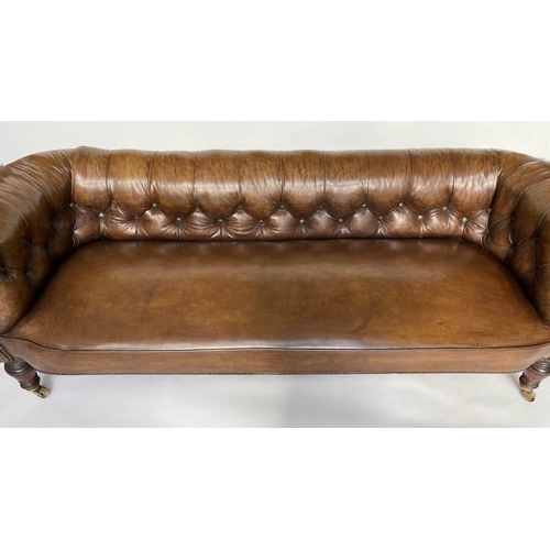 181 - CHESTERFIELD SOFA, Victorian mahogany with faded tan brown brass studded leather with button back an... 