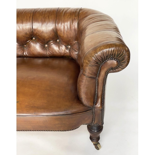 181 - CHESTERFIELD SOFA, Victorian mahogany with faded tan brown brass studded leather with button back an... 