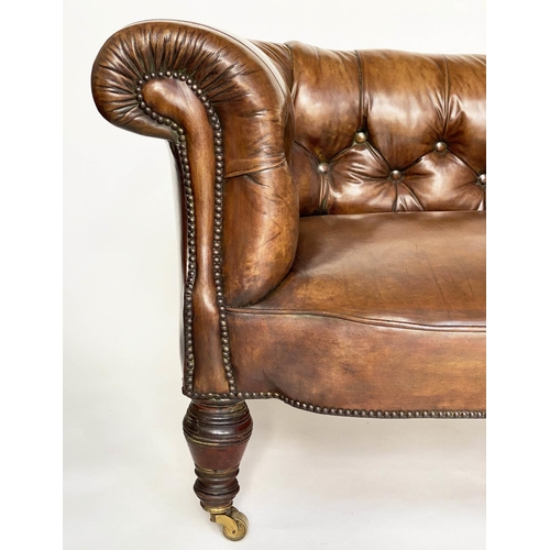 181 - CHESTERFIELD SOFA, Victorian mahogany with faded tan brown brass studded leather with button back an... 