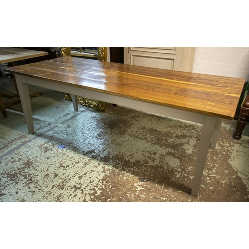 257 - DINING TABLE, 78cm H x 225cm W x 96cm D, teak and grey painted with plank top.