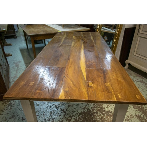 257 - DINING TABLE, 78cm H x 225cm W x 96cm D, teak and grey painted with plank top.