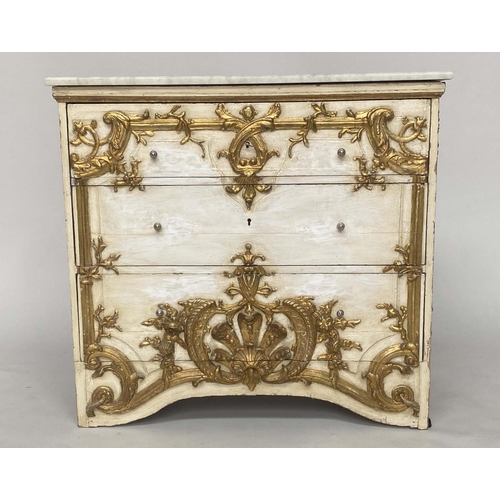 139 - FLORENTINE COMMODE, 18th century and later with three carved giltwood panelled drawers, 52cm x 99cm ... 