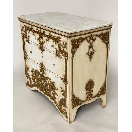 139 - FLORENTINE COMMODE, 18th century and later with three carved giltwood panelled drawers, 52cm x 99cm ... 