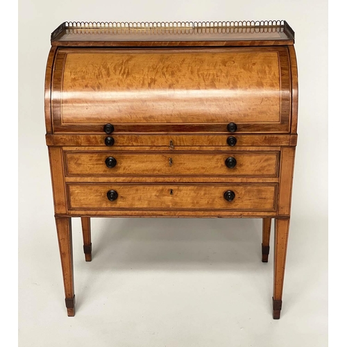 141 - CYLINDER BUREAU, 19th century satinwood and tulipwood crossbanded with fitted interior, pull out wri... 