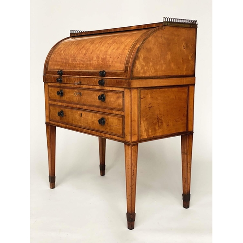 141 - CYLINDER BUREAU, 19th century satinwood and tulipwood crossbanded with fitted interior, pull out wri... 