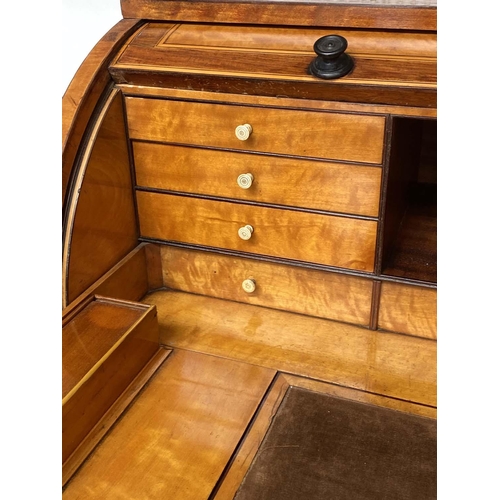 141 - CYLINDER BUREAU, 19th century satinwood and tulipwood crossbanded with fitted interior, pull out wri... 