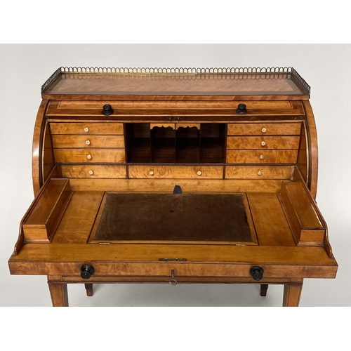 141 - CYLINDER BUREAU, 19th century satinwood and tulipwood crossbanded with fitted interior, pull out wri... 