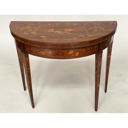 145 - DUTCH CARD TABLE, early 19th century mahogany and satinwood marquetry demi lune foldover baize lined... 