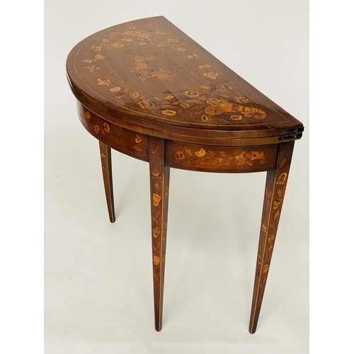 145 - DUTCH CARD TABLE, early 19th century mahogany and satinwood marquetry demi lune foldover baize lined... 