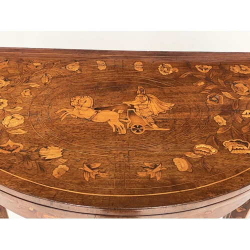 145 - DUTCH CARD TABLE, early 19th century mahogany and satinwood marquetry demi lune foldover baize lined... 