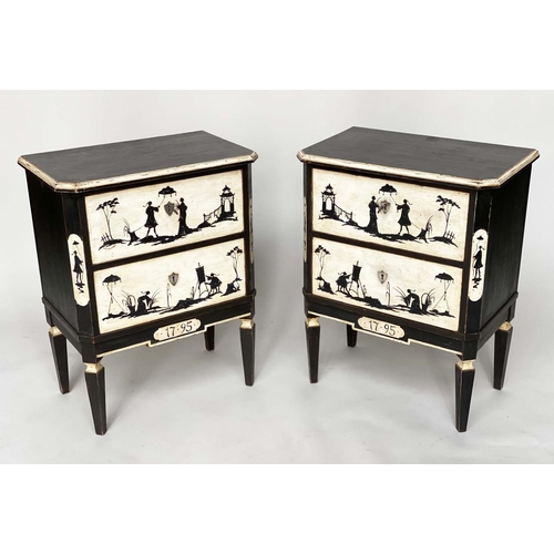 152 - COMMODES, a pair, Continental style lacquered and silhouette painted with rustic scenes each with tw... 