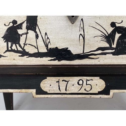 152 - COMMODES, a pair, Continental style lacquered and silhouette painted with rustic scenes each with tw... 