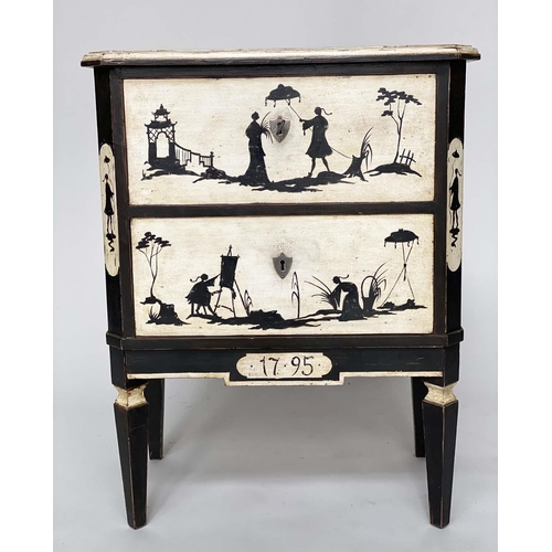 152 - COMMODES, a pair, Continental style lacquered and silhouette painted with rustic scenes each with tw... 