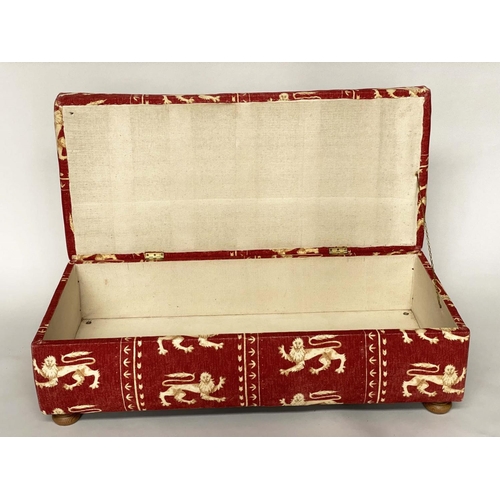 178 - OTTOMAN, lion printed chenille upholstered with rising lid and bun supports, 50cm H x 124cm x 55cm.