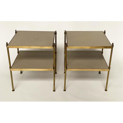 173 - ETAGERES, a pair, mid 20th century Regency style gilt metal, each with finials and two square taupe ... 