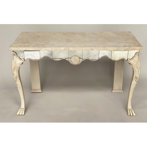 156 - ITALIAN CONSOLE TABLE, cream lacquered and antique mirror panelled with shell centered frieze and ca... 