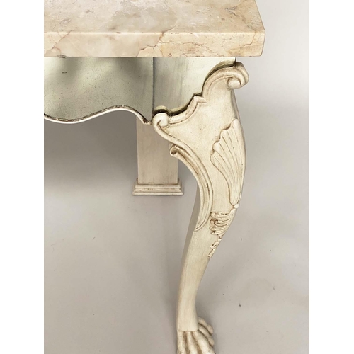 156 - ITALIAN CONSOLE TABLE, cream lacquered and antique mirror panelled with shell centered frieze and ca... 