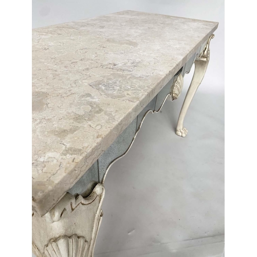 156 - ITALIAN CONSOLE TABLE, cream lacquered and antique mirror panelled with shell centered frieze and ca... 