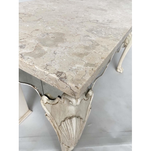 156 - ITALIAN CONSOLE TABLE, cream lacquered and antique mirror panelled with shell centered frieze and ca... 