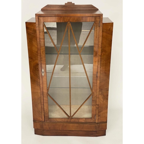 177 - ART DECO DISPLAY CASE, figured walnut with glazed door enclosing shelves, 73cm x 128cm H x 33cm.