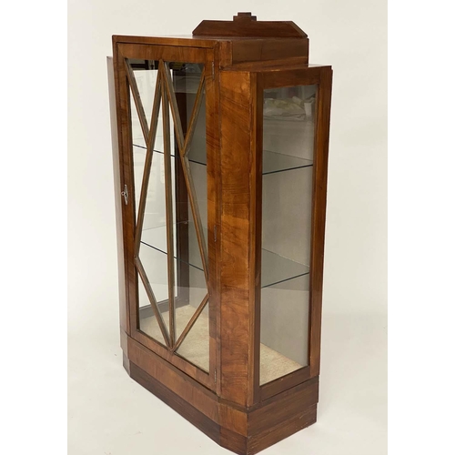 177 - ART DECO DISPLAY CASE, figured walnut with glazed door enclosing shelves, 73cm x 128cm H x 33cm.