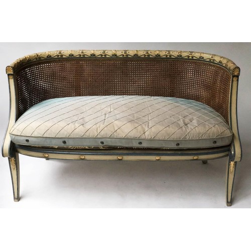 261 - CANAPE, 19th century Regency design cream, green lined and gilt anthemion leaf framed bergere cane p... 