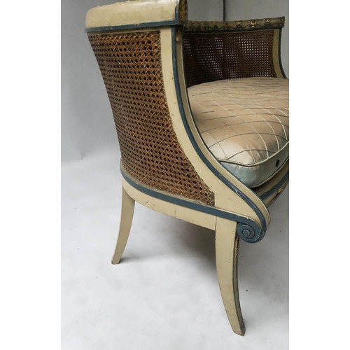 261 - CANAPE, 19th century Regency design cream, green lined and gilt anthemion leaf framed bergere cane p... 