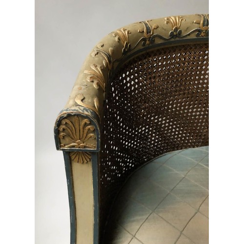 261 - CANAPE, 19th century Regency design cream, green lined and gilt anthemion leaf framed bergere cane p... 