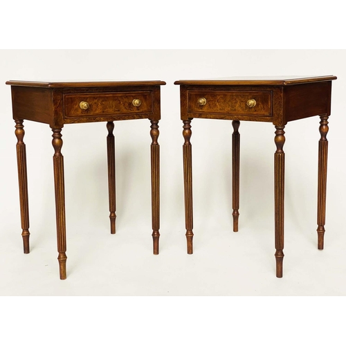 149 - LAMP TABLES, a pair, George III design burr walnut and crossbanded each with drawer and reeded suppo... 