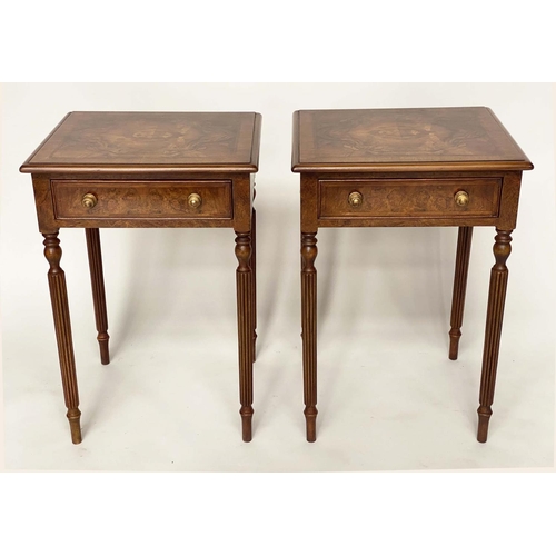 149 - LAMP TABLES, a pair, George III design burr walnut and crossbanded each with drawer and reeded suppo... 