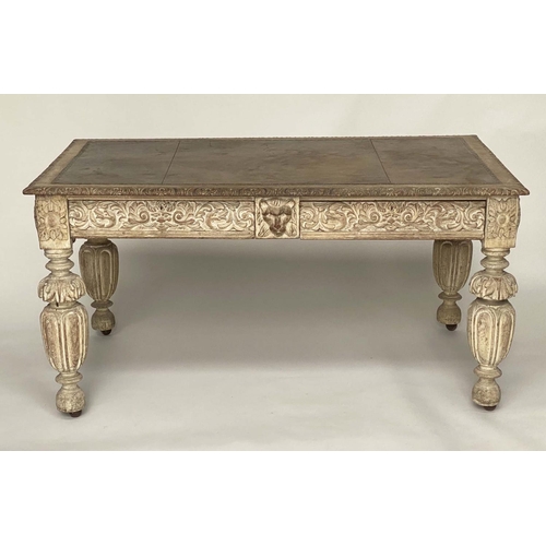 159 - LIBRARY TABLE, Victorian grey gothic oak with tooled leather above lion mask frieze and two drawers ... 