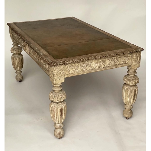 159 - LIBRARY TABLE, Victorian grey gothic oak with tooled leather above lion mask frieze and two drawers ... 