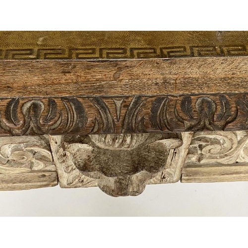 159 - LIBRARY TABLE, Victorian grey gothic oak with tooled leather above lion mask frieze and two drawers ... 