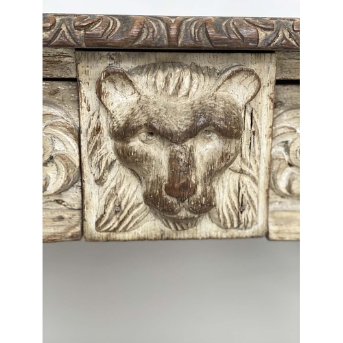 159 - LIBRARY TABLE, Victorian grey gothic oak with tooled leather above lion mask frieze and two drawers ... 