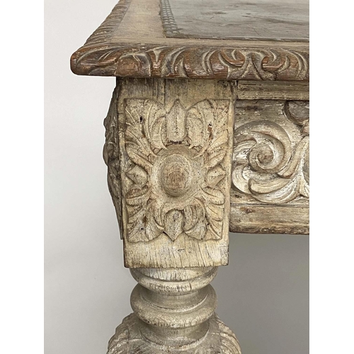 159 - LIBRARY TABLE, Victorian grey gothic oak with tooled leather above lion mask frieze and two drawers ... 