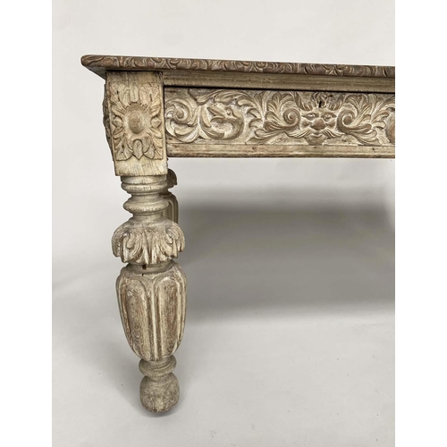 159 - LIBRARY TABLE, Victorian grey gothic oak with tooled leather above lion mask frieze and two drawers ... 