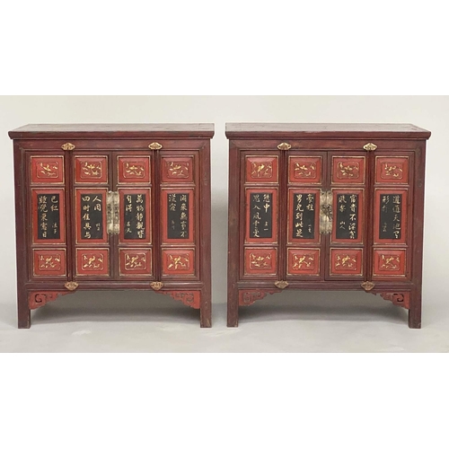 167 - CHINESE SIDE CABINETS, a pair, early 20th century Chinese scarlet lacquered and gilt script panelled... 