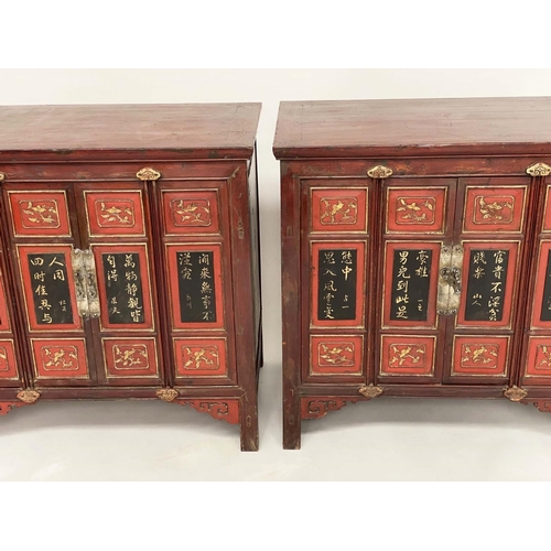 167 - CHINESE SIDE CABINETS, a pair, early 20th century Chinese scarlet lacquered and gilt script panelled... 