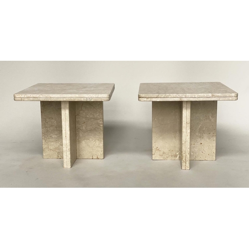 170 - LAMP TABLES, a pair, Italian travertine marble each square on crossed bases, 50cm x 50cm x 40cm H. (... 