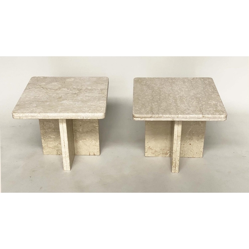 170 - LAMP TABLES, a pair, Italian travertine marble each square on crossed bases, 50cm x 50cm x 40cm H. (... 