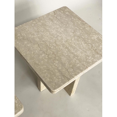 170 - LAMP TABLES, a pair, Italian travertine marble each square on crossed bases, 50cm x 50cm x 40cm H. (... 