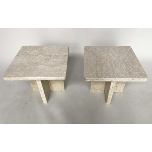 170 - LAMP TABLES, a pair, Italian travertine marble each square on crossed bases, 50cm x 50cm x 40cm H. (... 