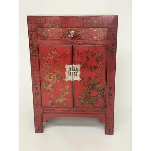 175 - CHINESE SIDE CABINET, scarlet lacquered with gilt Chinoiserie decoration, frieze drawer and two pane... 