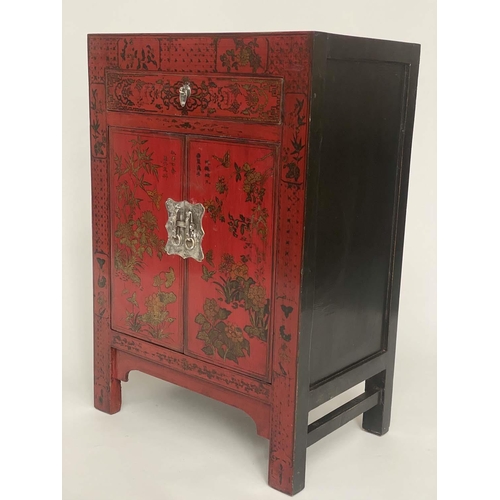 175 - CHINESE SIDE CABINET, scarlet lacquered with gilt Chinoiserie decoration, frieze drawer and two pane... 