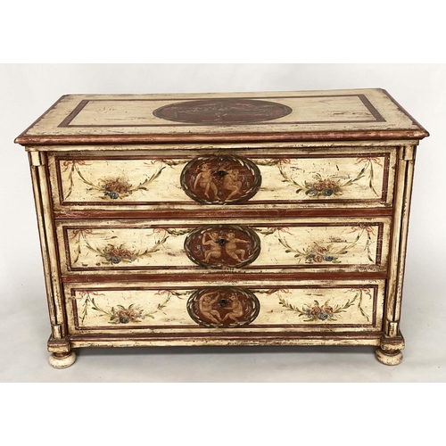 136 - VENETIAN COMMODE, 19th century painted Neo Classical with floral swags and columns with three long d... 