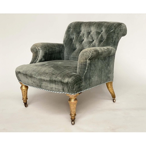 140 - ARMCHAIR, Victorian giltwood with velvet, possibly original, upholstery with button back, scroll arm... 