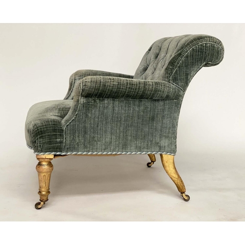 140 - ARMCHAIR, Victorian giltwood with velvet, possibly original, upholstery with button back, scroll arm... 