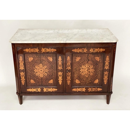 143 - DUTCH SIDE CABINET, late 18th century mahogany and satinwood marquetry with marble top, pair of pane... 